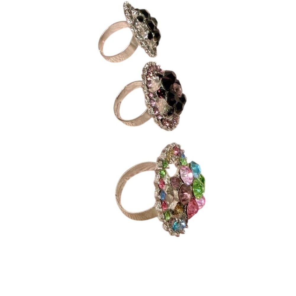 Set of 3 Multicolor CZ Crystal Adjustable Cocktail Rings